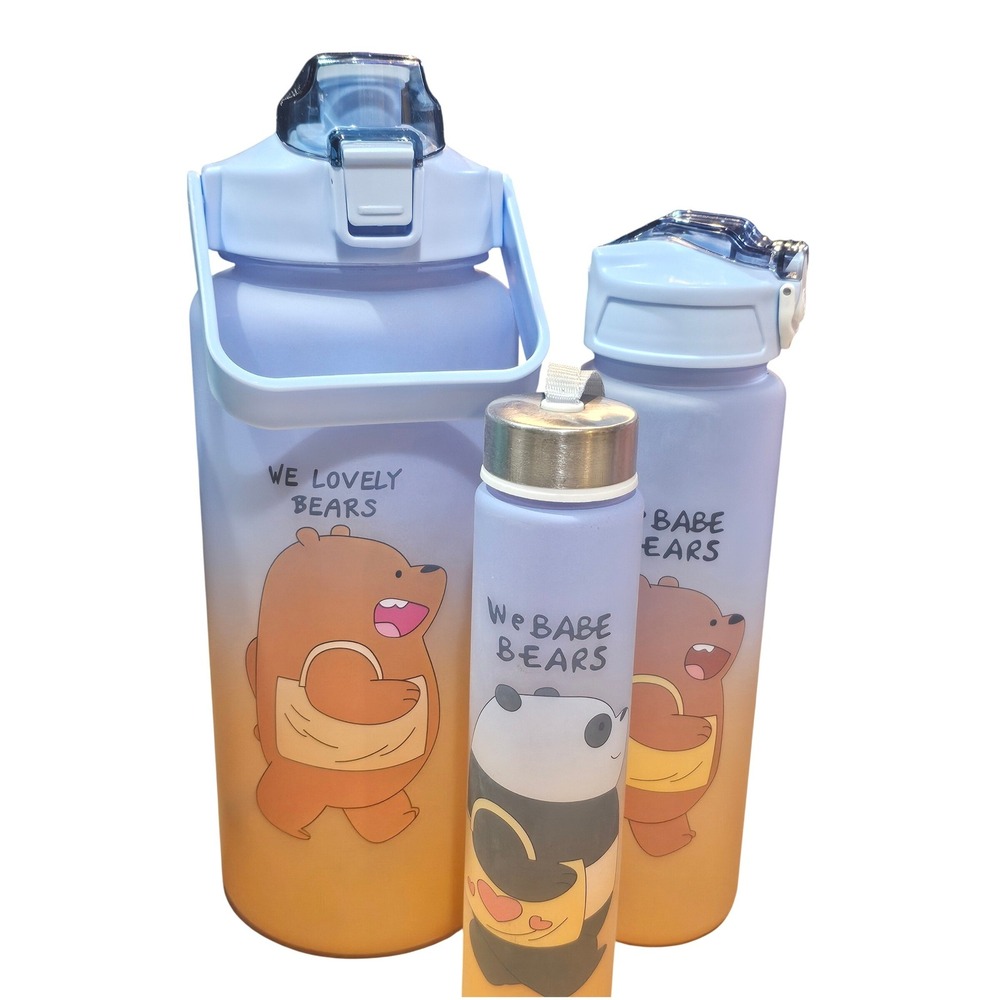 We Bare Bears Water Bottle Set 3 Pieces Blue Orange Gradient Frosted Kawaii Jug